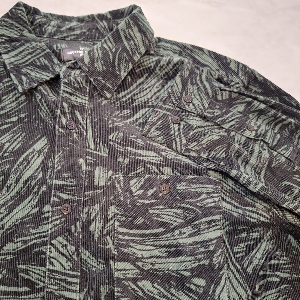 Houston White Button Down Men Large Green Tiger Stripe Corduroy Shirt Camo Top